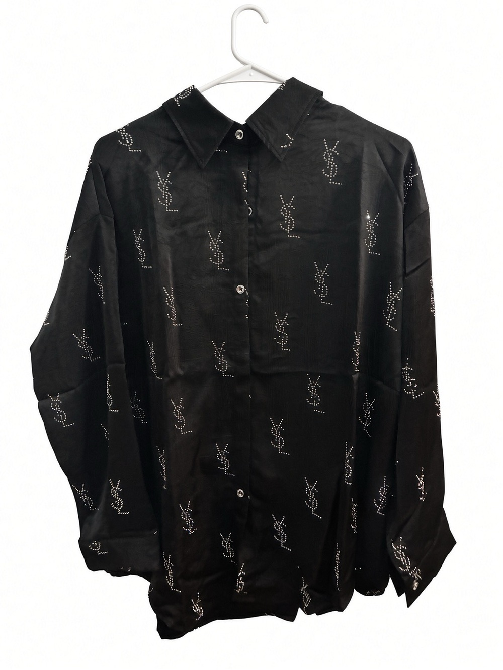 Plus Size New Silk FASHION Black Button-Down Shirt with Silver Stud Monogram